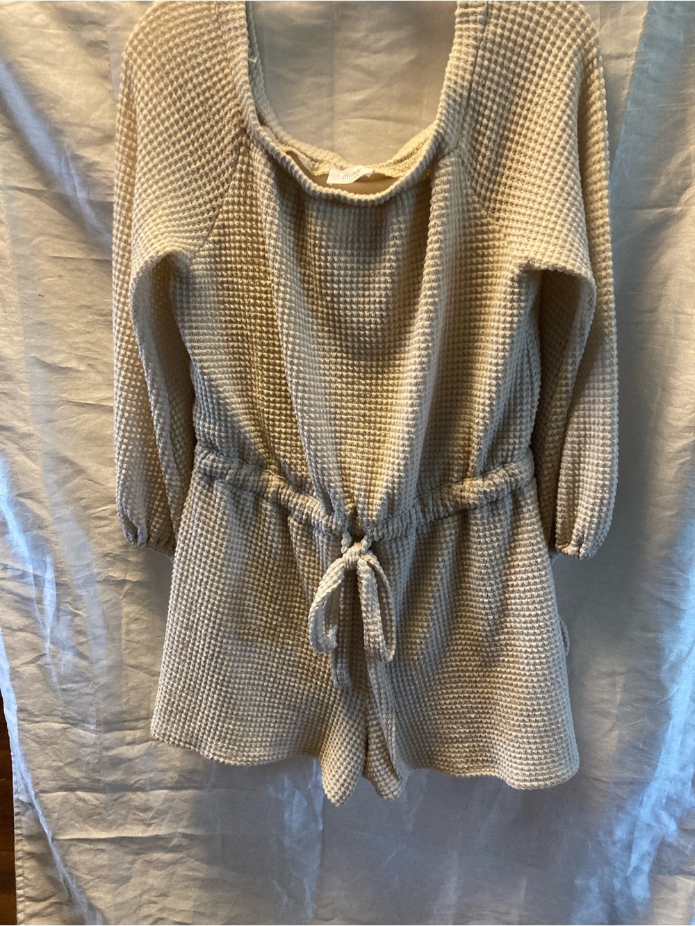 Bluivy Waffle-Knit Drawstring Romper in Cream